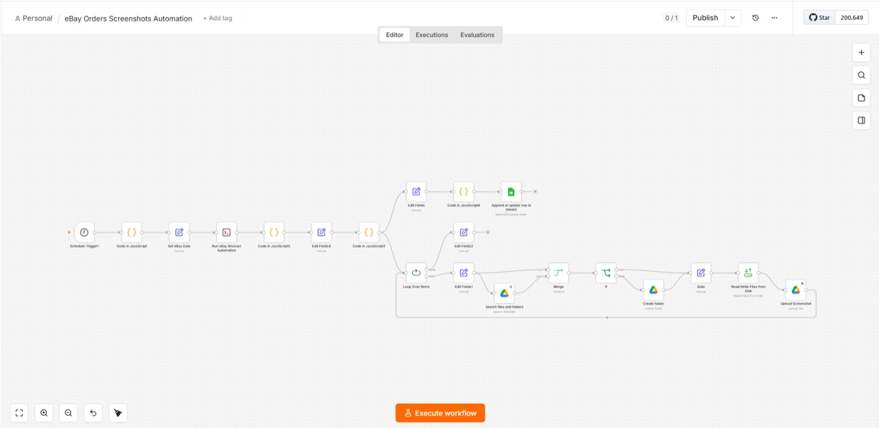 Live n8n workflow — scheduled eBay order screenshot archive